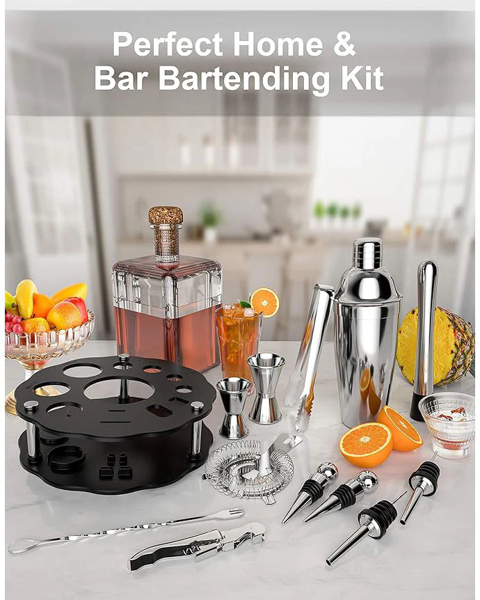 14PCS Cocktail Making Set Rotating Stand Stainless Steel - Image 6