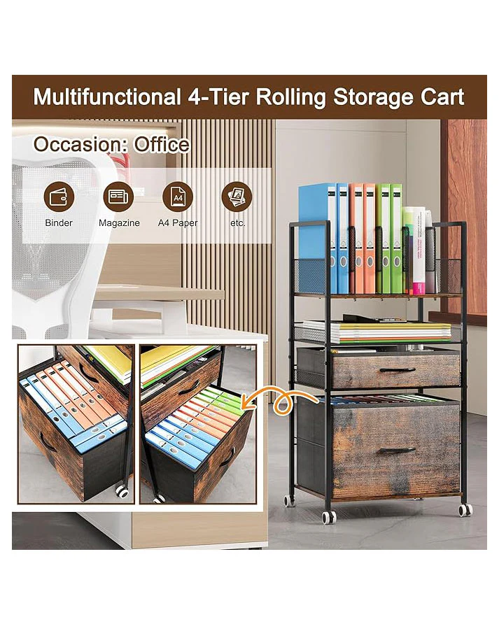 3 Tier Rolling Utility Cart with 2 Drawers Metal Black - Image 4