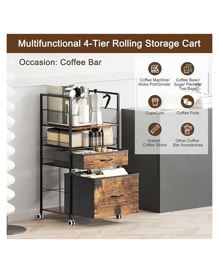 3 Tier Rolling Utility Cart with 2 Drawers Metal Black - Image 6