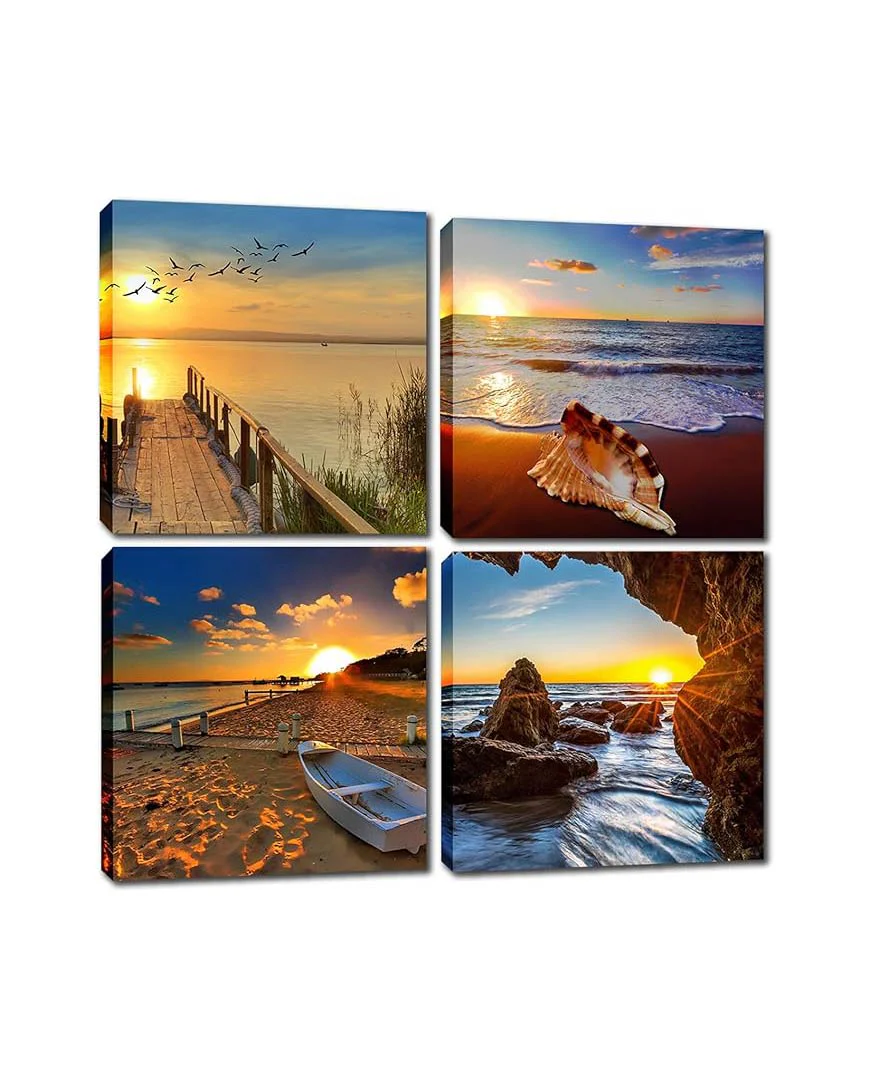 4 Panel Framed Sunrise Canvas Wall Art 16 X 16"