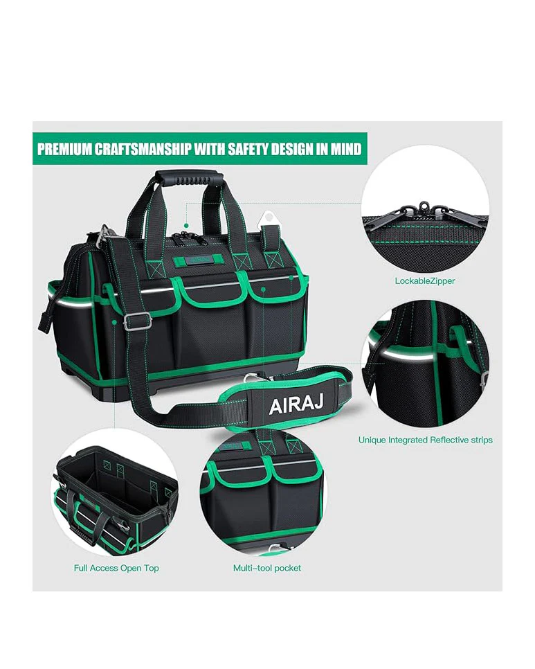 AIRAJ Tool Bag 16" Wide Mouth Heavy Duty Black Green - Image 2