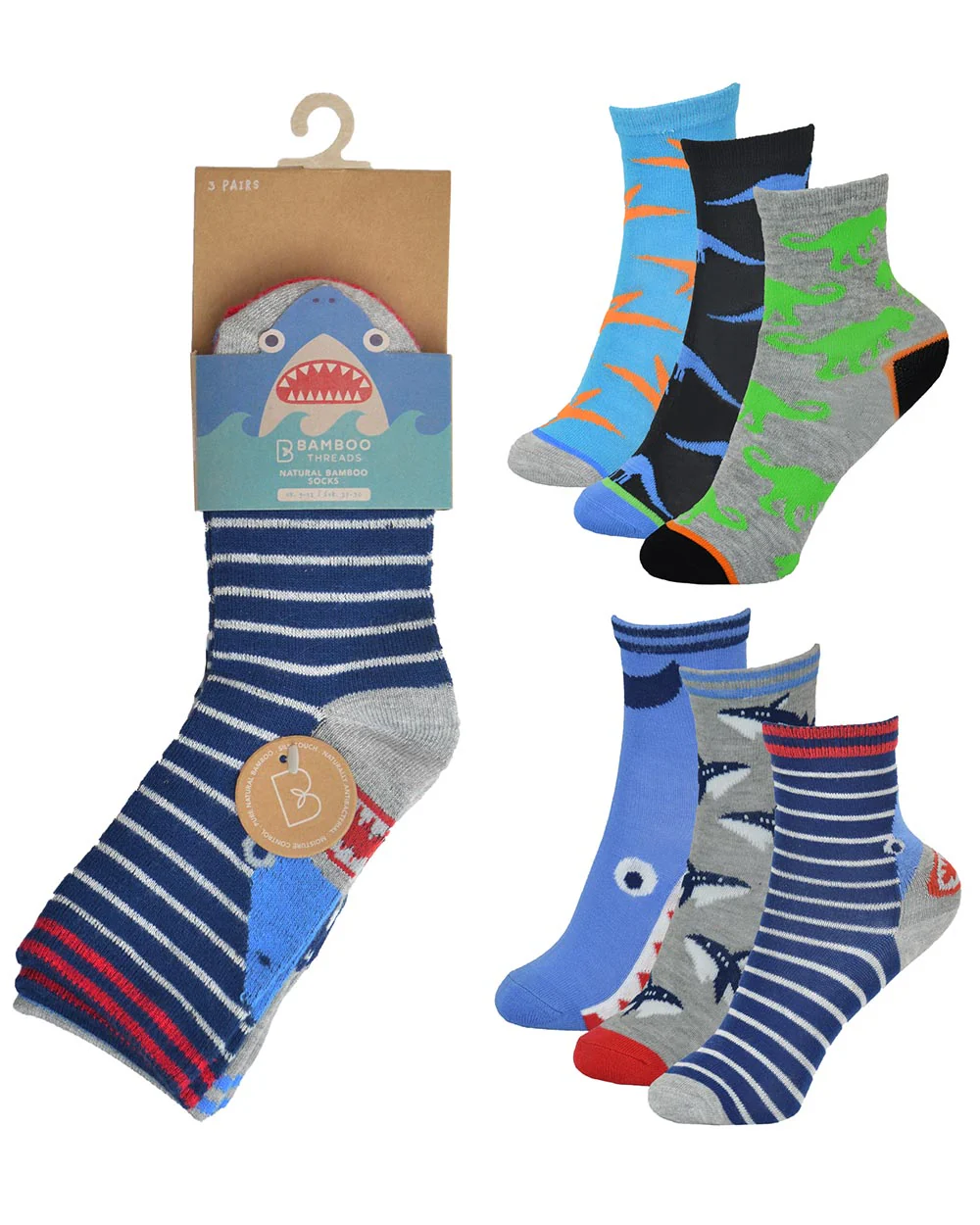 Boys Bamboo Socks 6 Pack Sharks Dinosaurs - Image 2