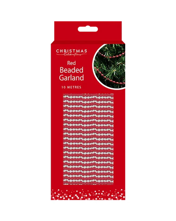 Christmas Tree Red Beaded String Garland 10m