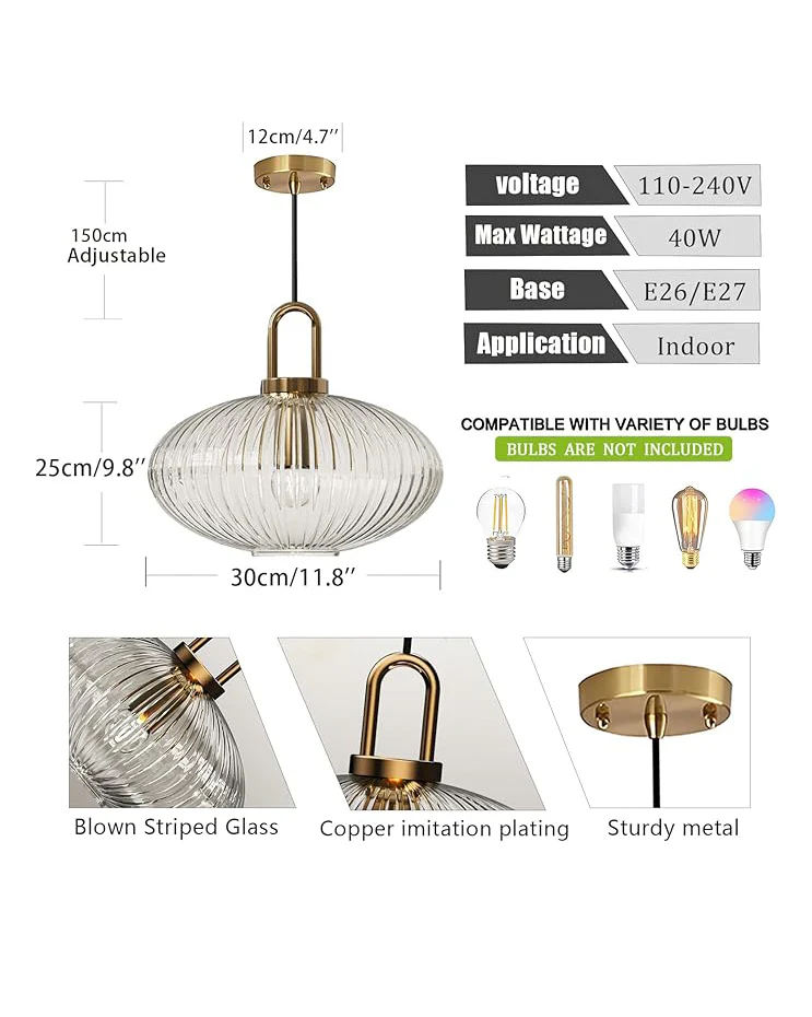 Clear Ribbed Glass Lamp Shade Pendant Light 300mm - Image 6