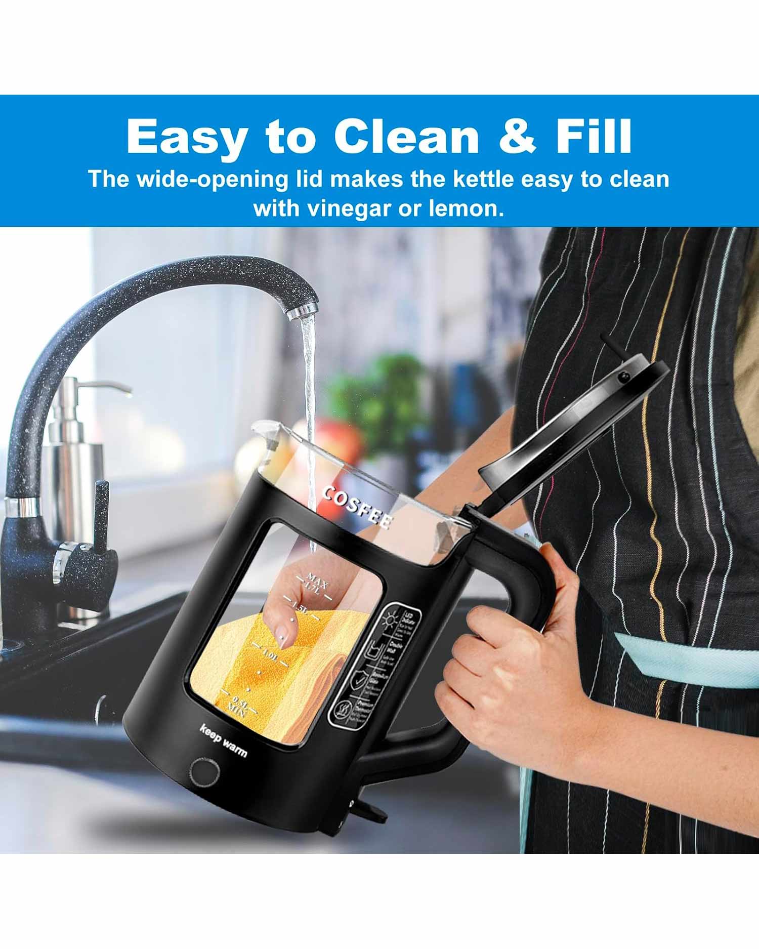 COSFEE Electric Kettle 1.7L, Fast Boil Auto Shut-Off Black - Image 5
