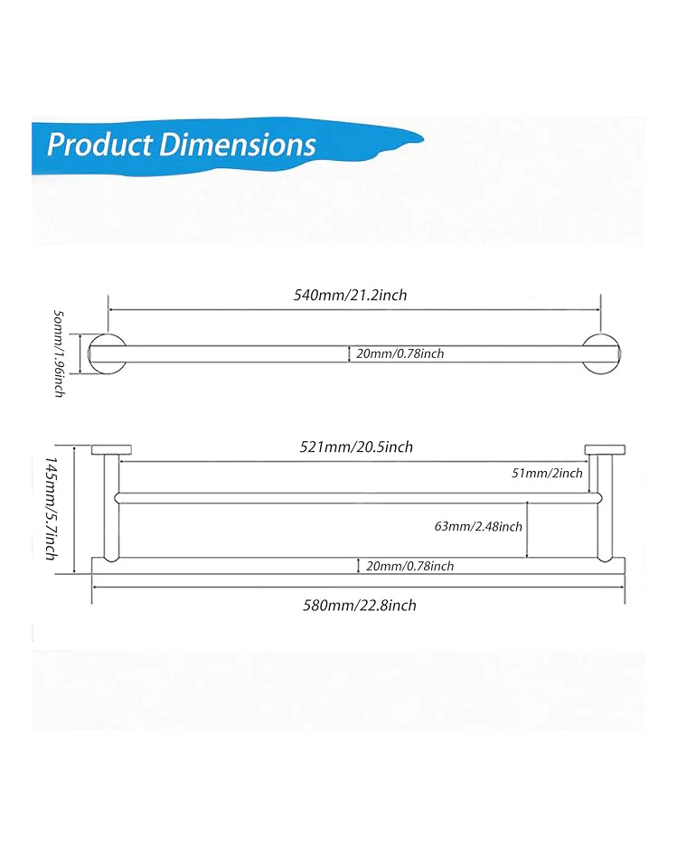 Double Towel Rail Wall Mounted Silver 58cm - Image 5