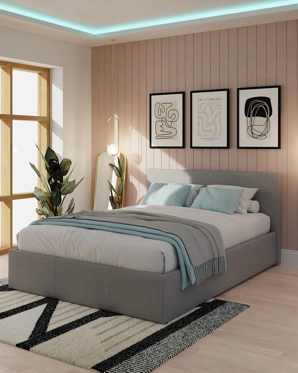End Lift Ottoman Double Bed Hopsack Fabric Grey