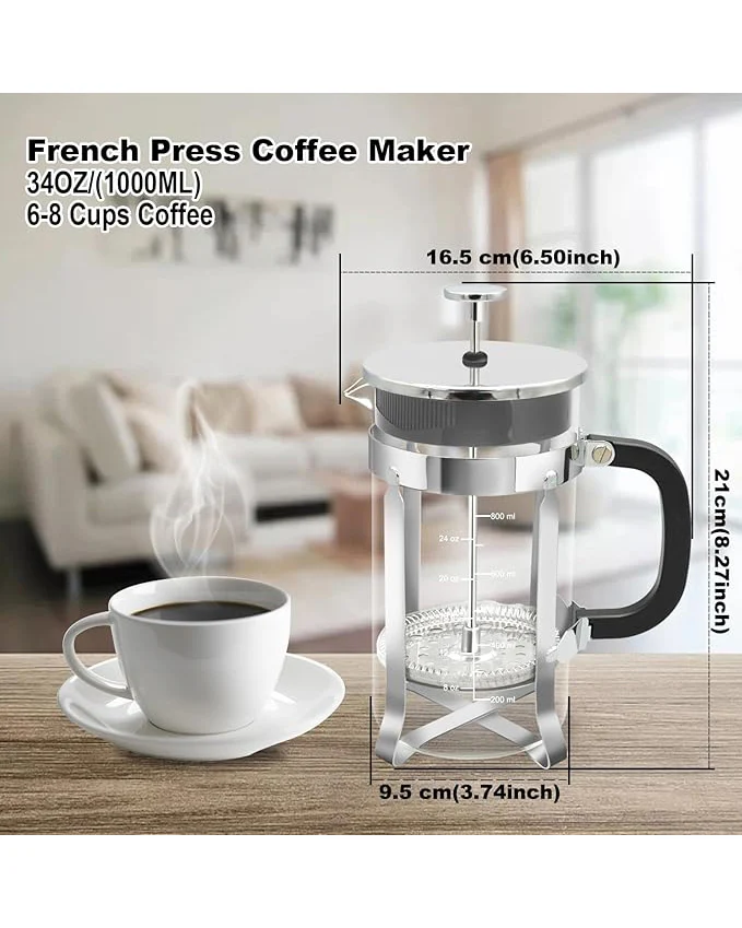 French Press Coffee Maker 34oz Glass Chrome - Image 3