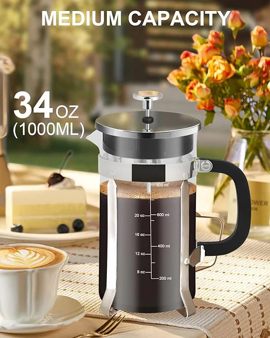 French Press Coffee Maker 34oz Glass Chrome - Image 6