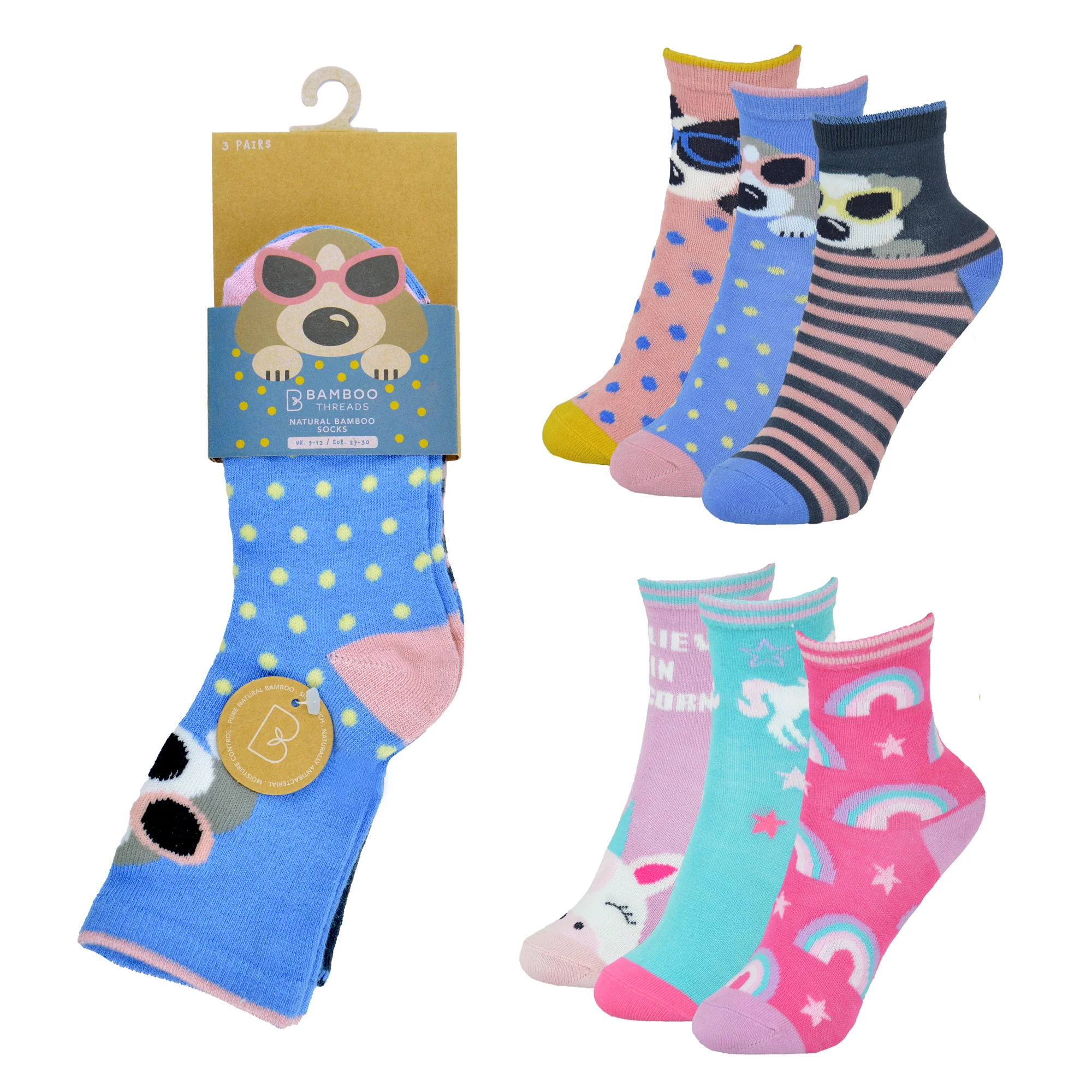 Girls Bamboo Socks 6 Pack Dog/Unicorn 6 Pack