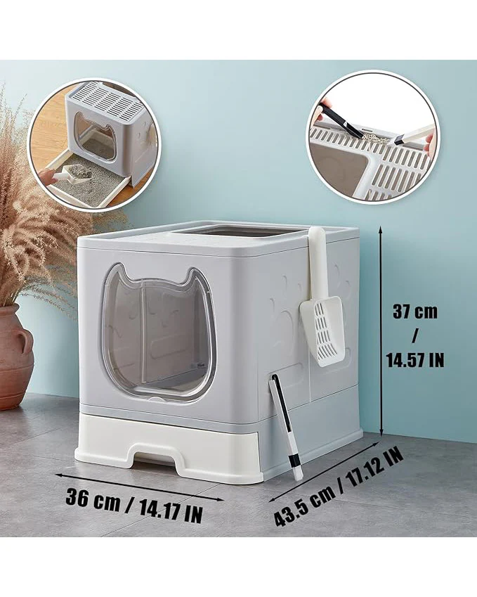 Kitten Cat Rabbit Foldable Litter Box Tray with Lid Grey - Image 3