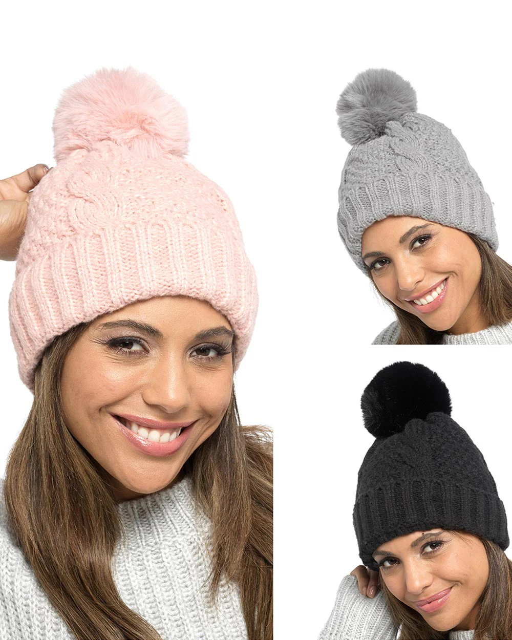 Ladies Bobble Hat Cable Knit With Lining