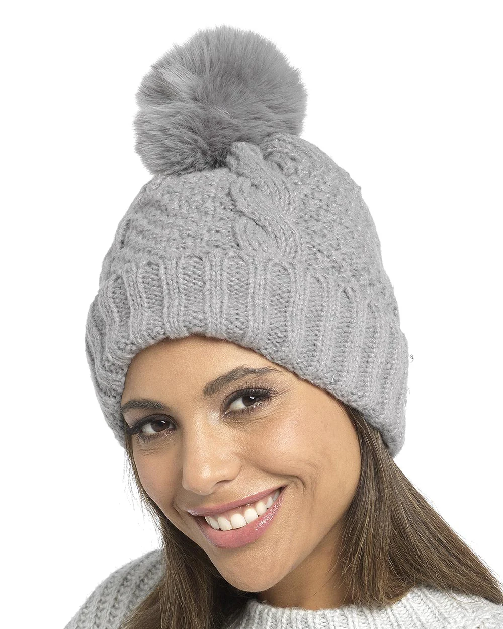 Ladies Bobble Hat Cable Knit With Lining - Image 3
