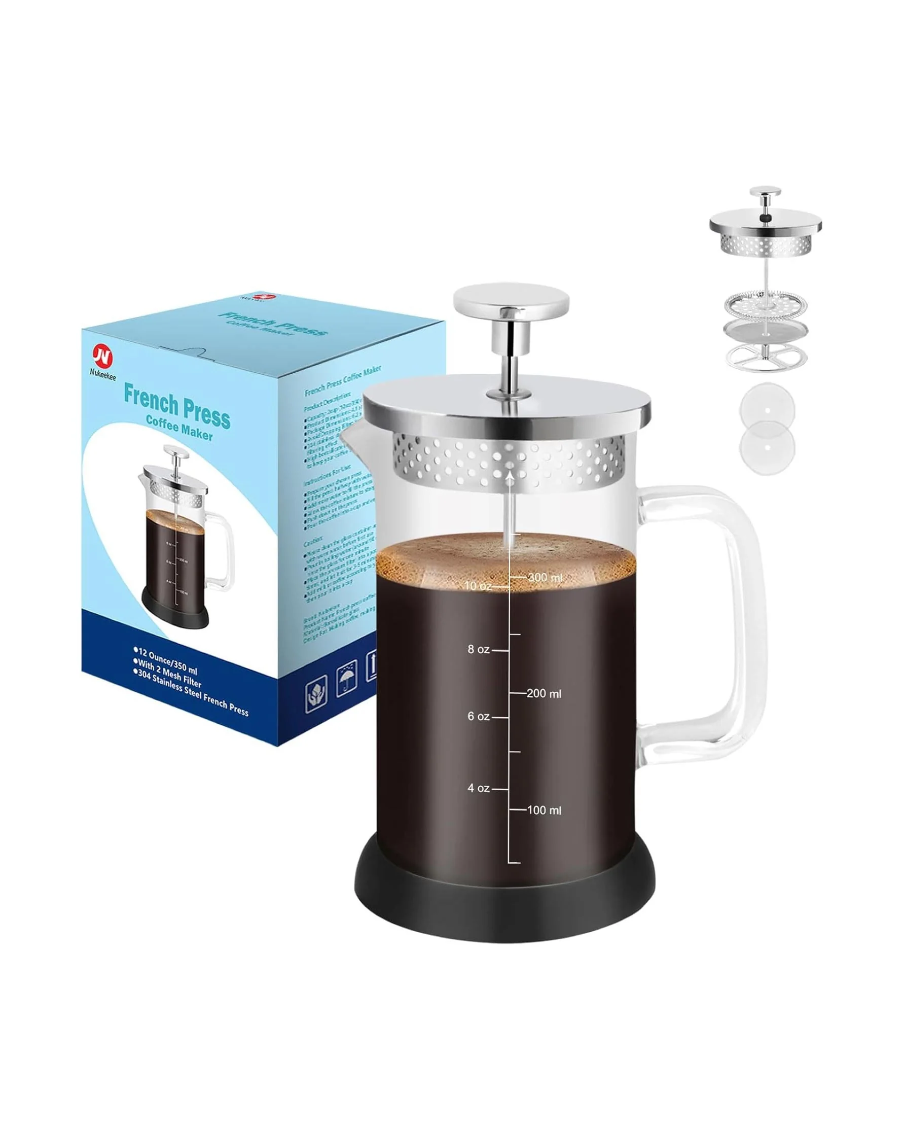 Mini French Press Coffee Maker 12oz Stainless Steel Glass