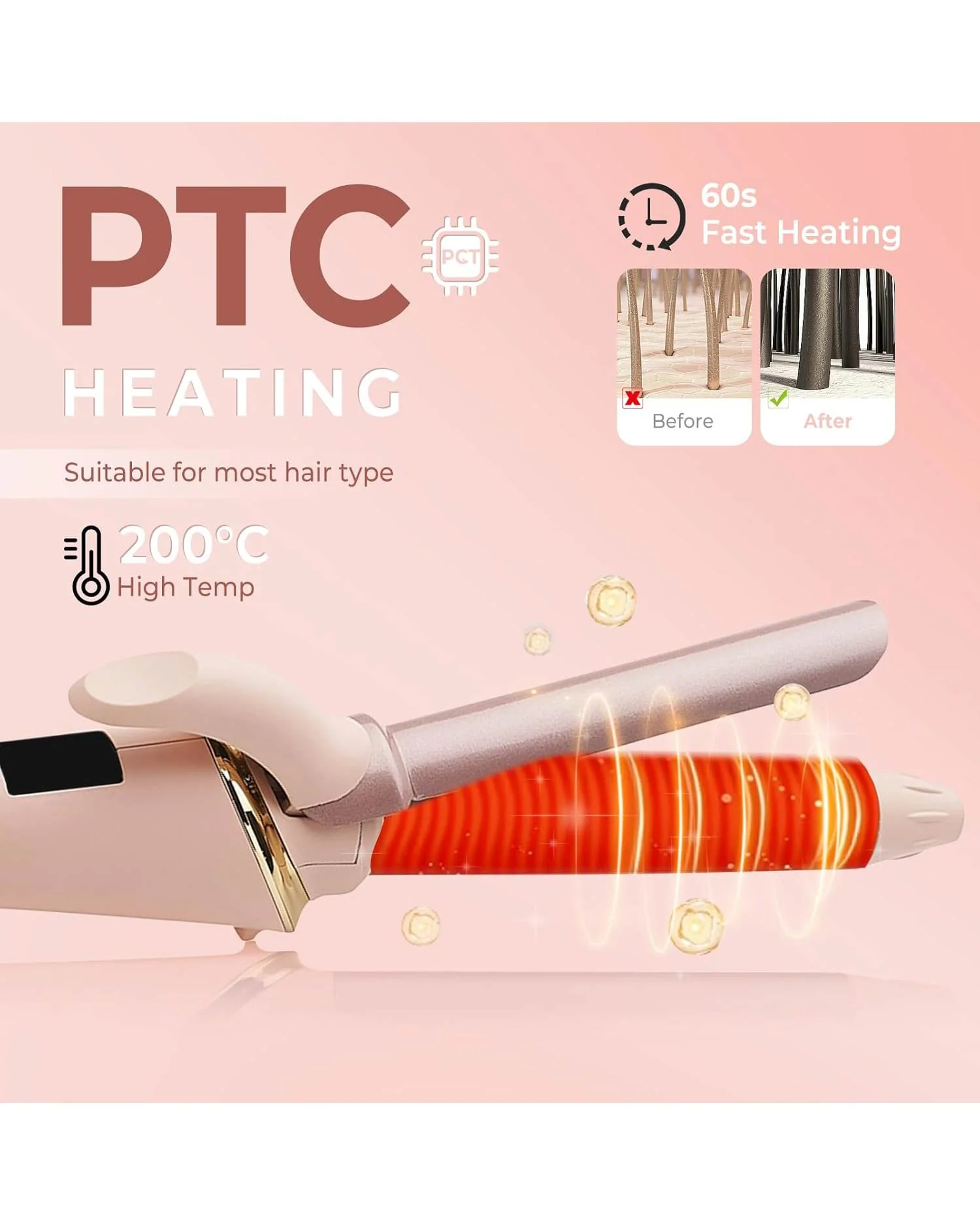 Mini Travel Curling Tongs 19mm Adjustable Temperature Pink - Image 4