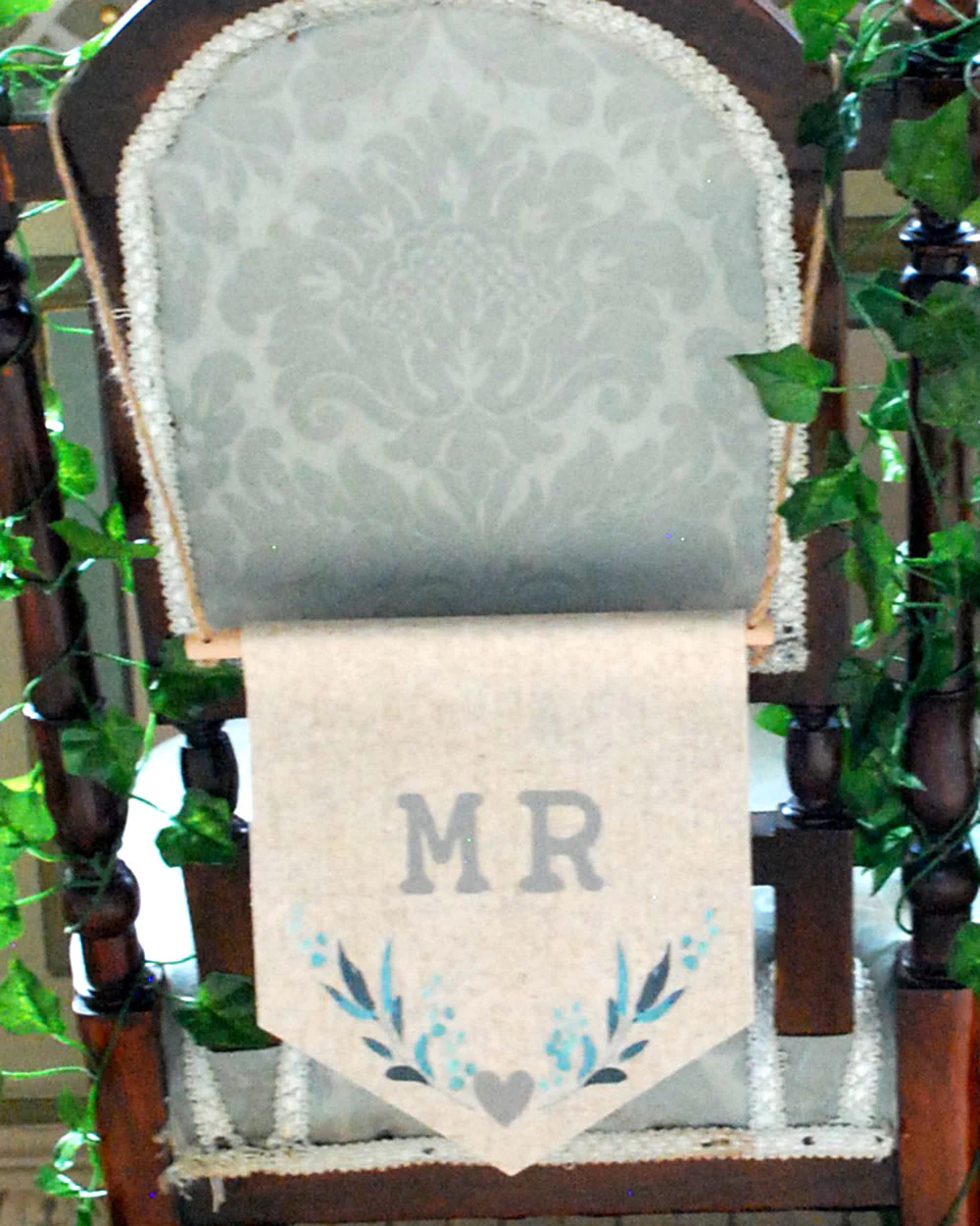 Mr & Mrs Wedding Chair Signs Leaf Print - Image 5