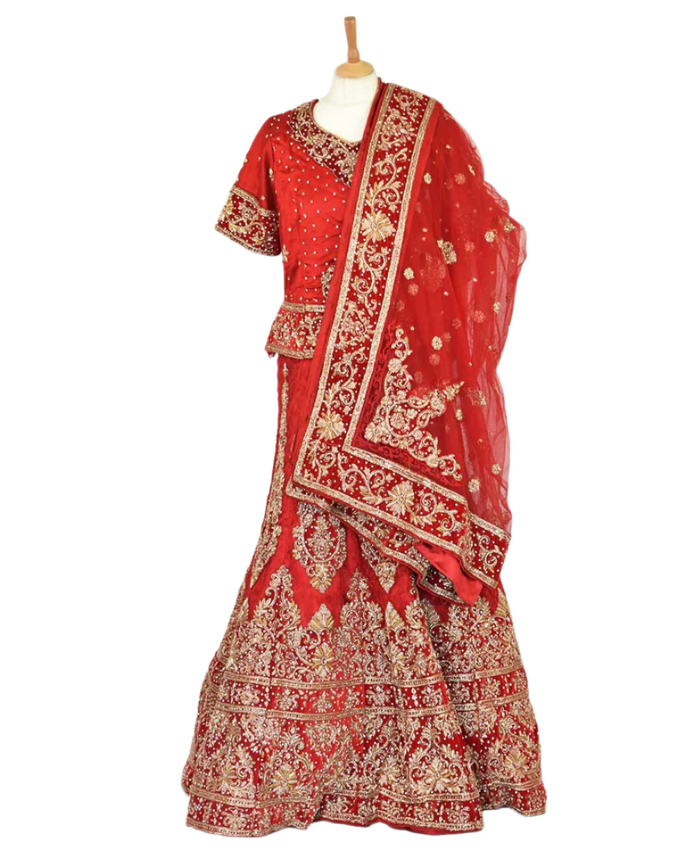 Red 3 Piece Bridal Peplum Lehenga Dupatta Size 12-14 - Image 3