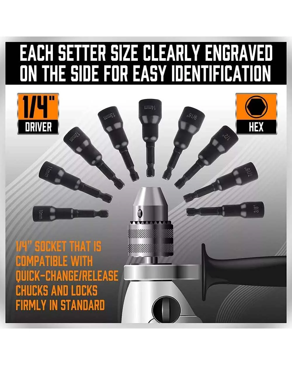 SEDY 12-Piece Magnetic Nut Driver Set 1/4" Quick Change - Image 4
