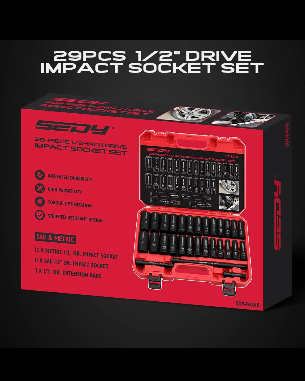 SEDY 29 Piece 1/2" Drive Impact Socket Set 3/8 to 1 inch
