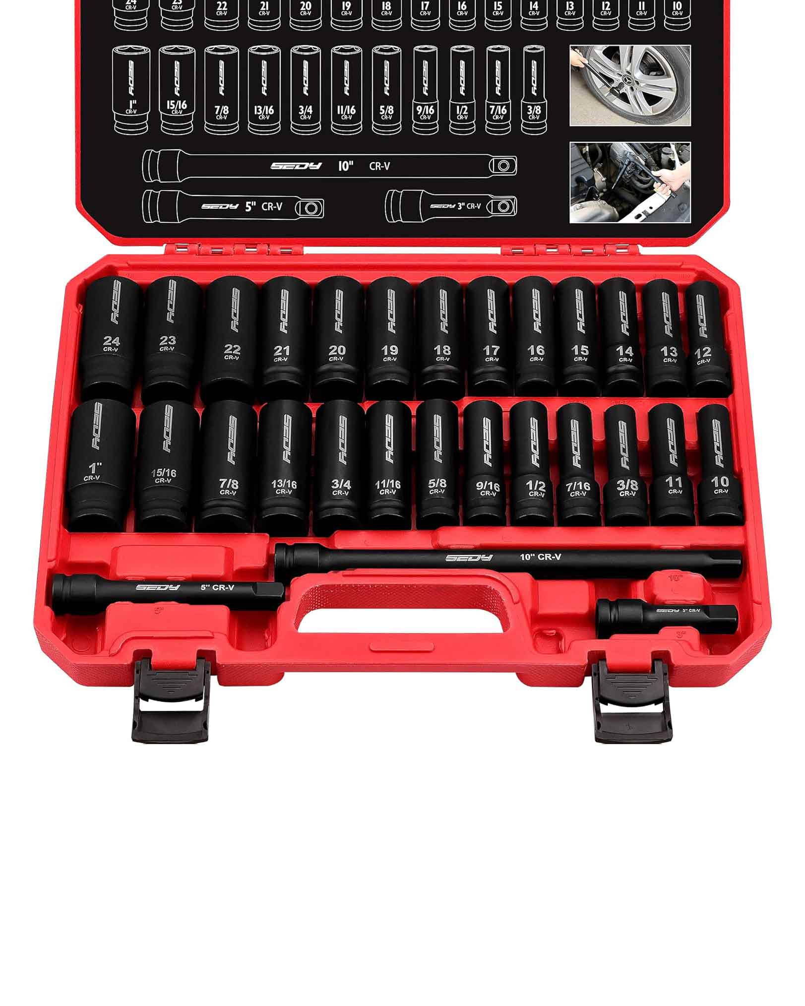 SEDY 29 Piece 1/2" Drive Impact Socket Set 3/8 to 1 inch - Image 2