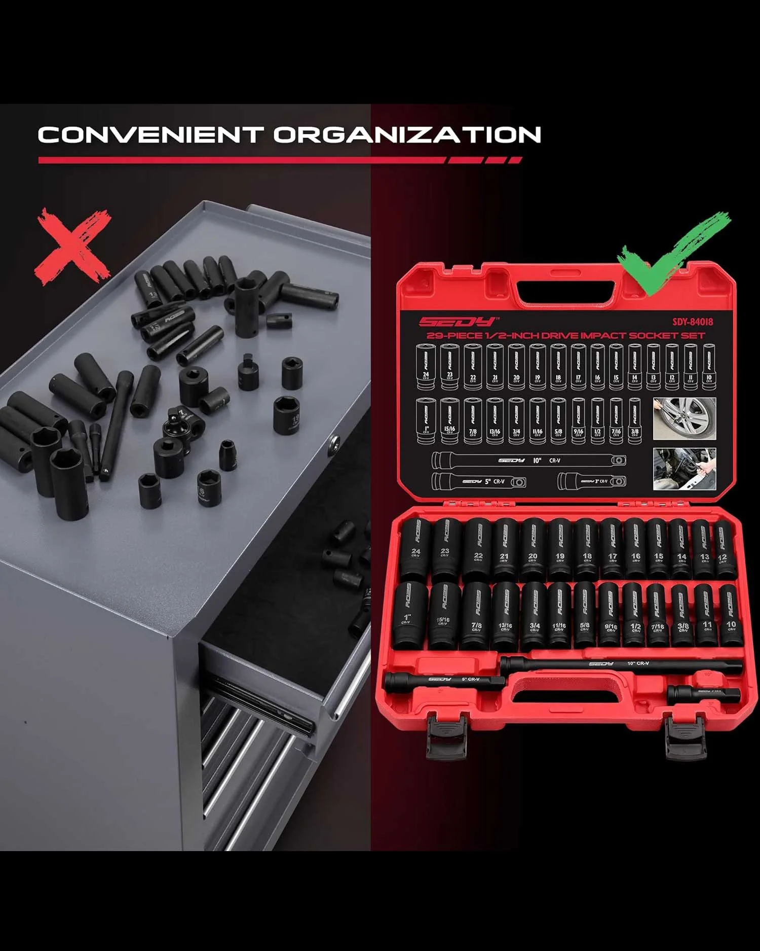 SEDY 29 Piece 1/2" Drive Impact Socket Set 3/8 to 1 inch - Image 4