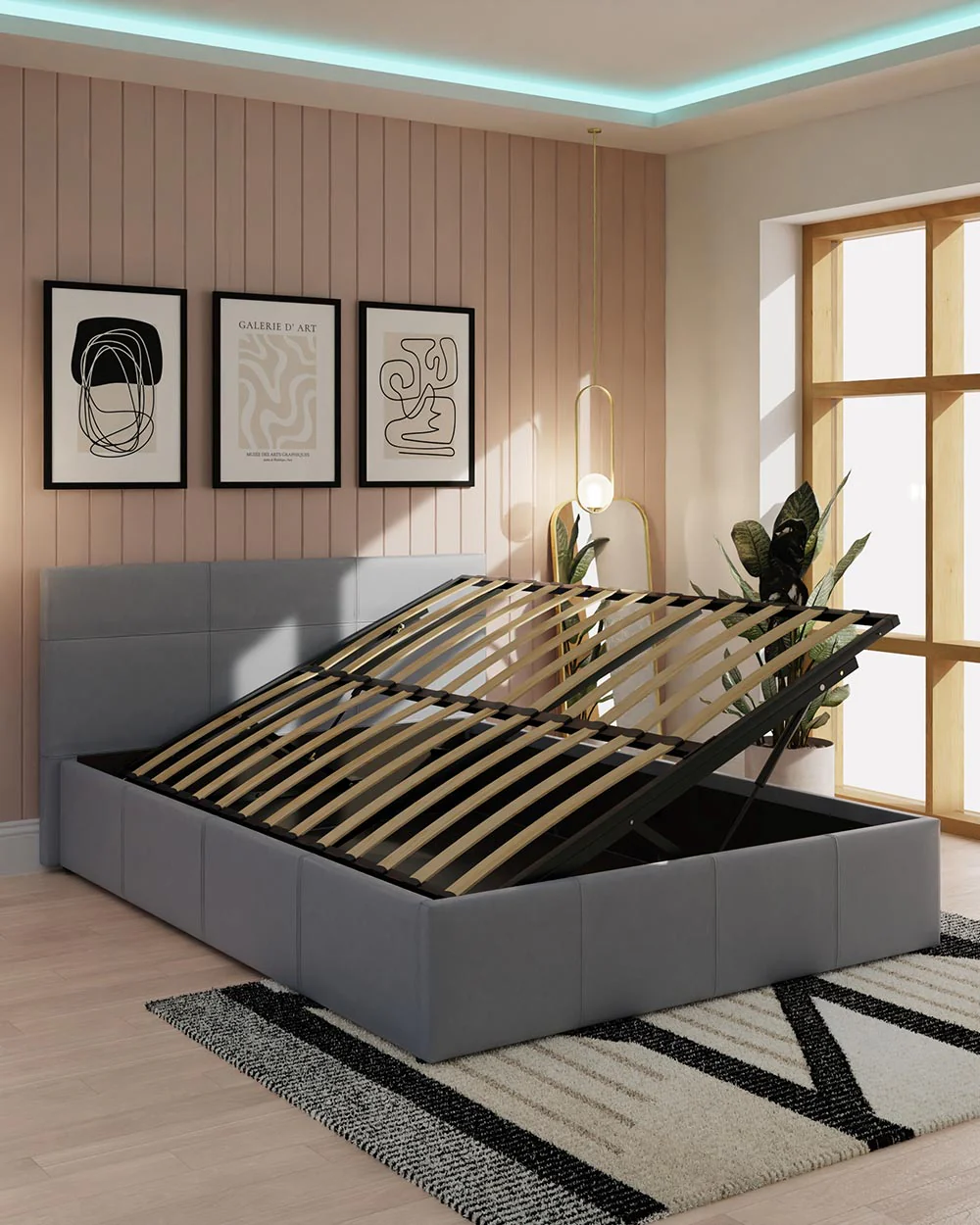 Side Lift Ottoman Double Bed Grey Leather 135cm - Image 2