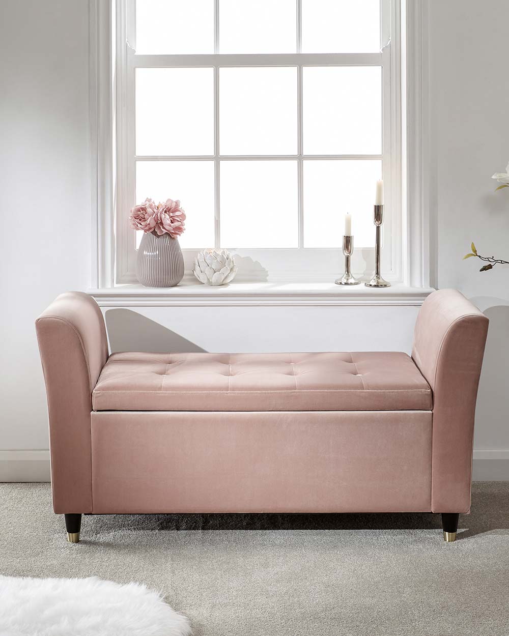 Storage Bench Window Seat, Pink Velour