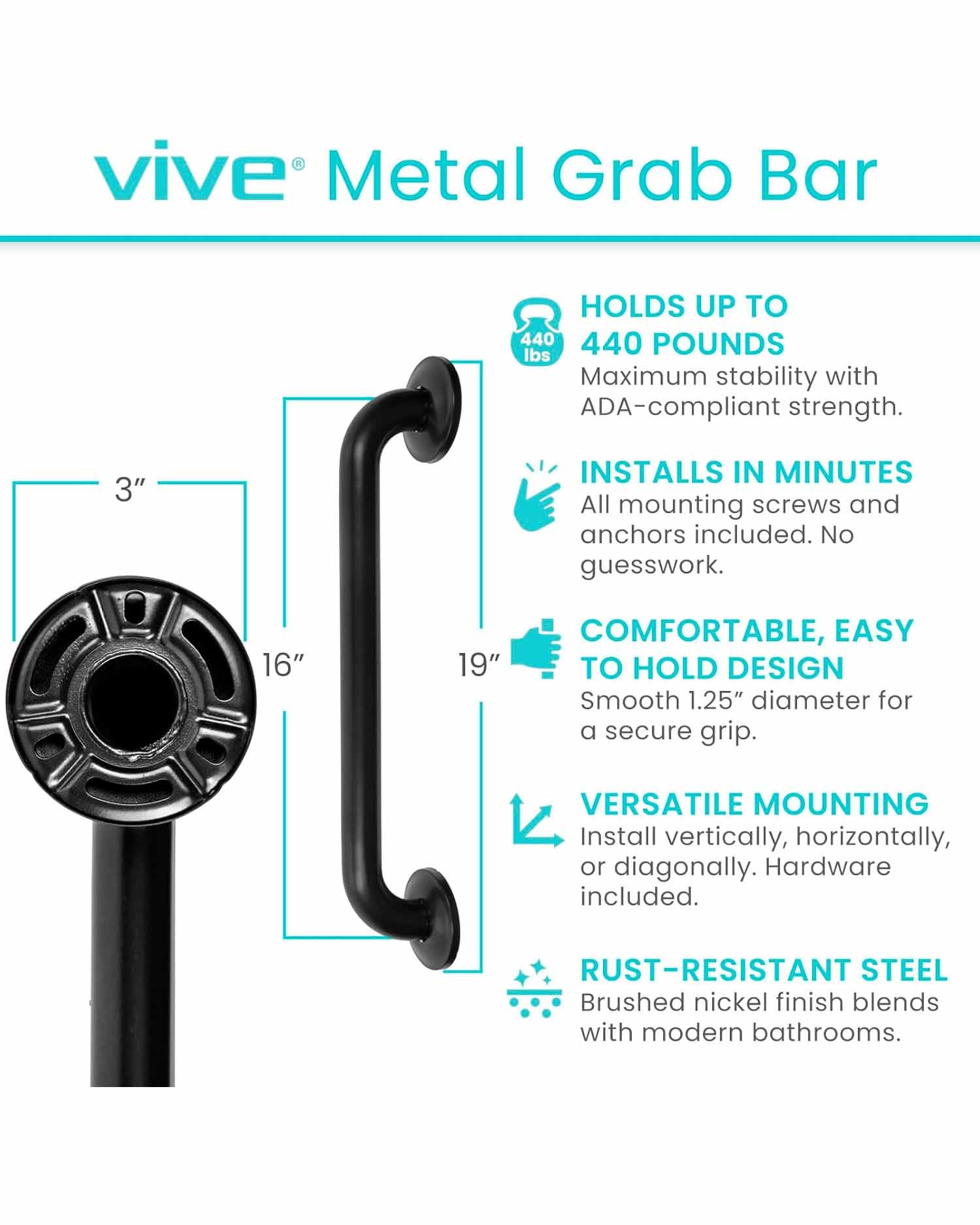 Vive Grab Bar for Bathtubs and Showers 16" Black - Image 6