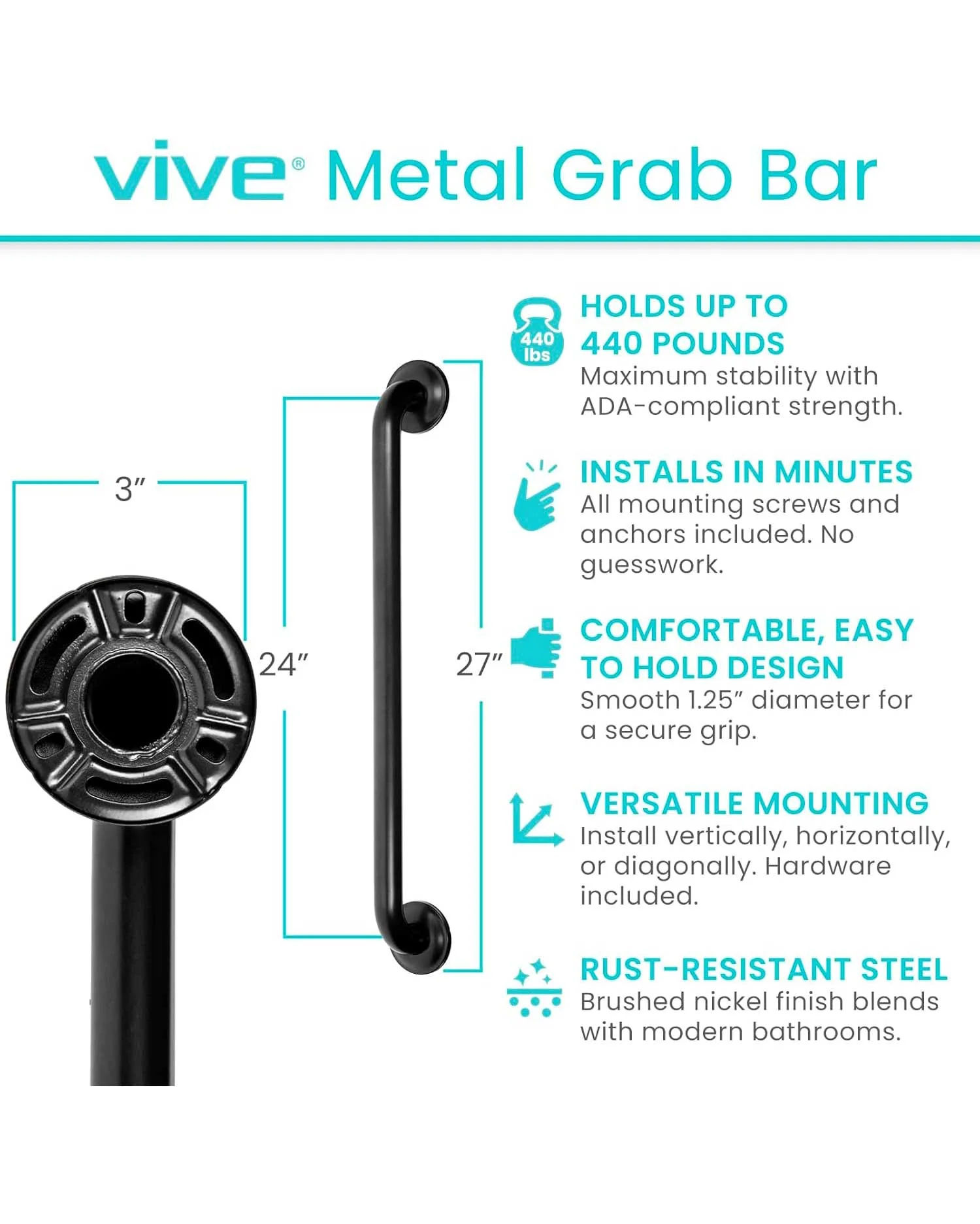 Vive Grab Bar Rail for Bathtubs and Showers 24" Black - Image 5
