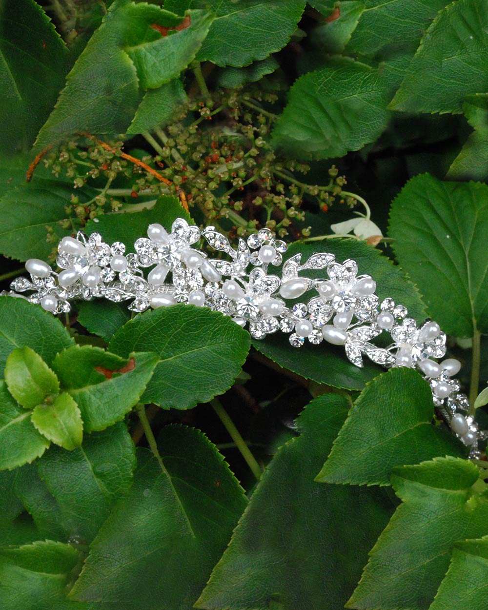 Wedding Tiara Floral With Diamantes, Pearls - Image 3