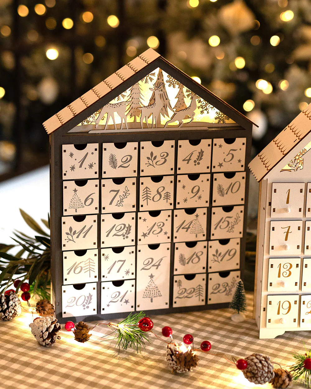 Wooden Advent Calendar LED Light Up Forest Scene Grey - Image 4
