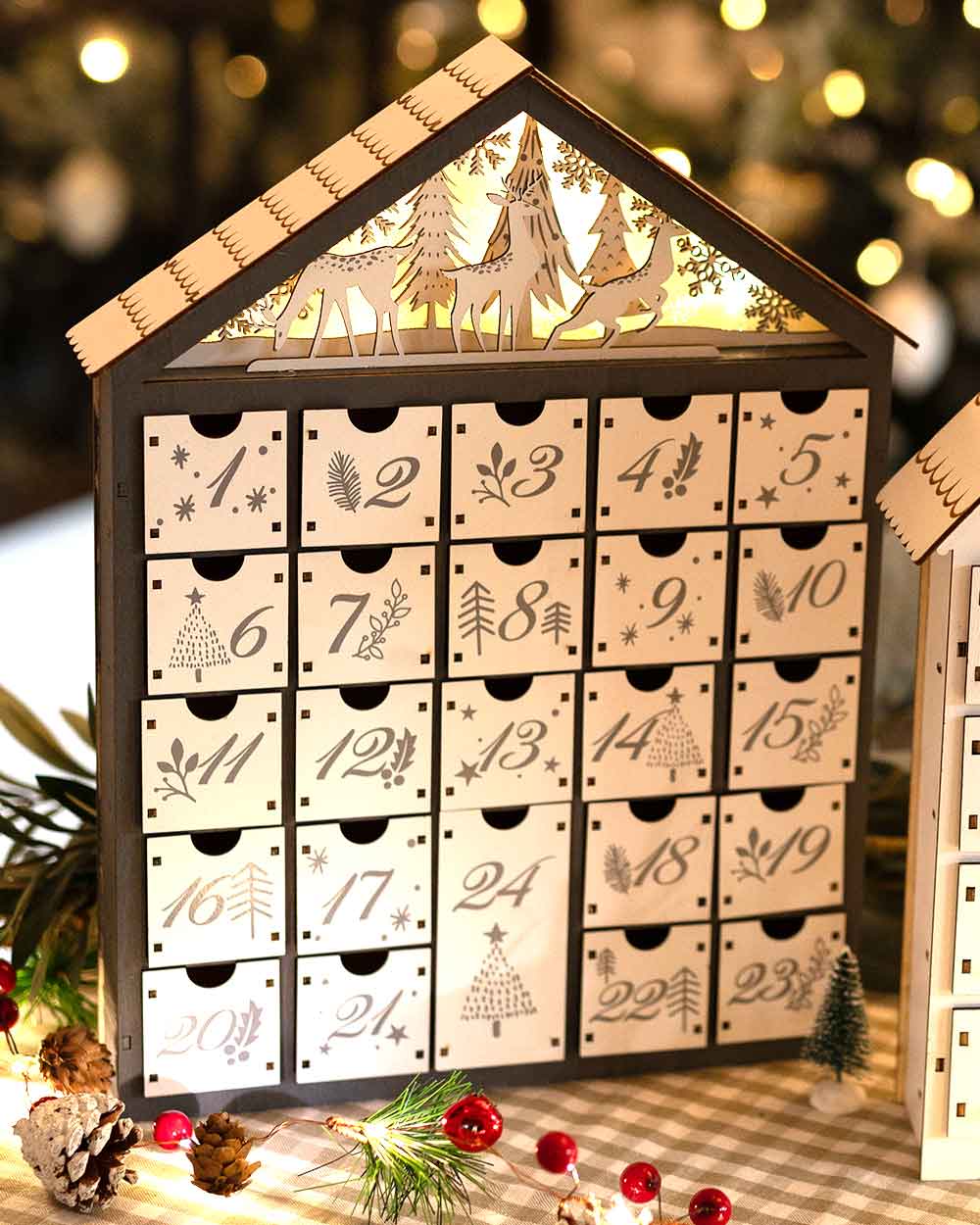 Wooden Advent Calendar LED Light Up Forest Scene Grey - Image 5