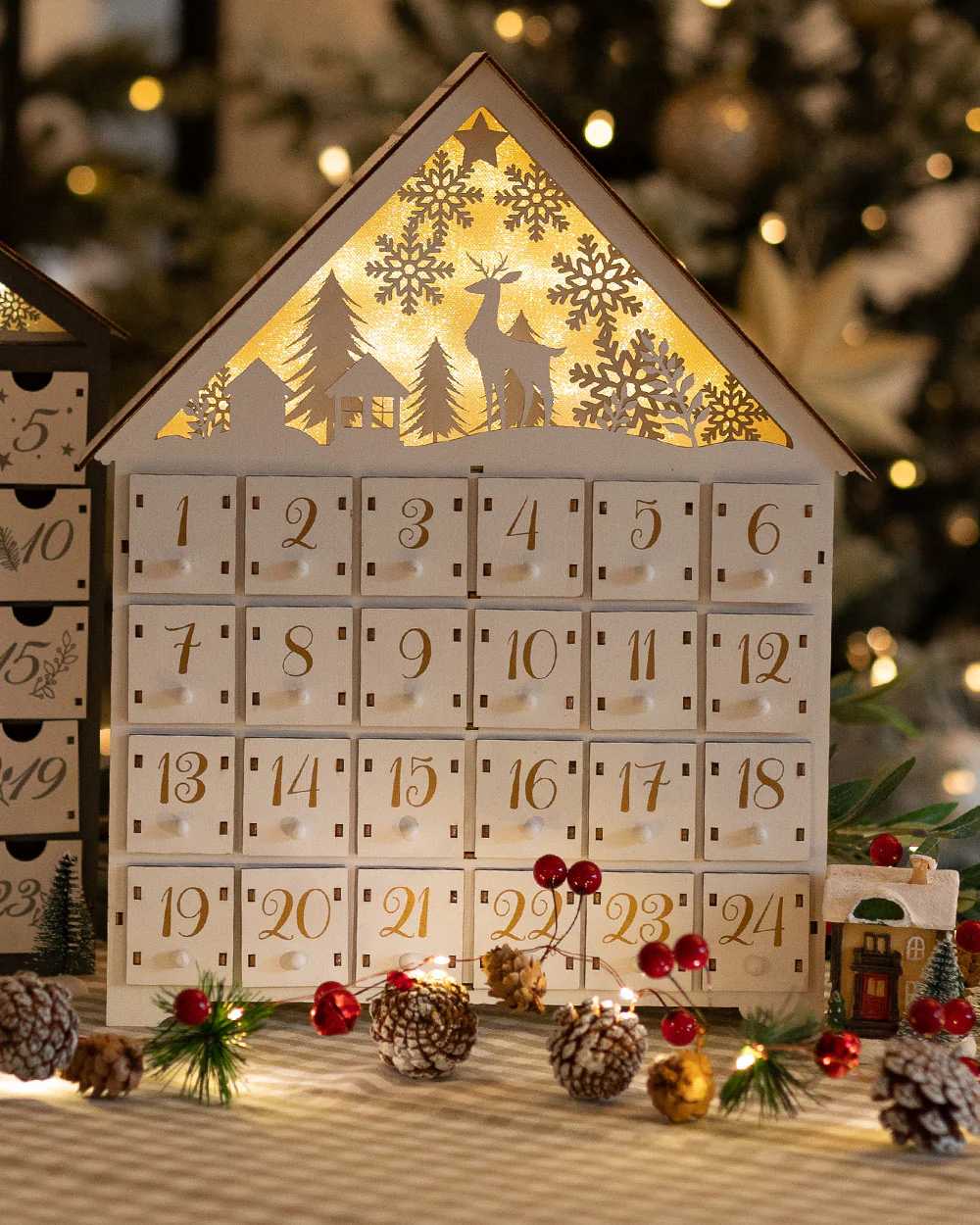 Wooden Advent Calendar LED Light Up Woodland Scene White - Image 5